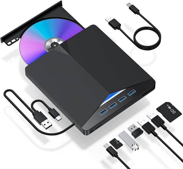 7-in-1 ulkoinen DVD/CD-asema, jossa on 4× USB ja SD/microSD-kortinlukija