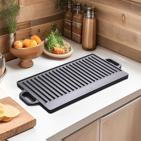 Dobbelt grill- og stegeplade i støbejern med rillet og glat overflade - 45x23 cm