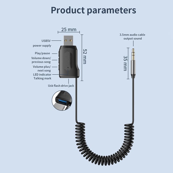 Bluetooth AUX-sovitin 3,5 mm:n ja USB:n kanssa