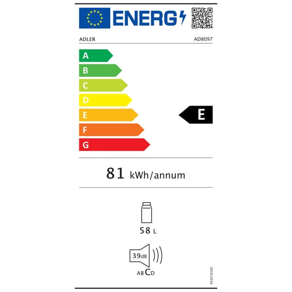 Underdisk-køleskab 58L - energiklasse E, 40 dB, 6 køleniveauer - hvid
