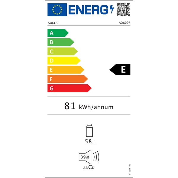 Underdisk-køleskab 58L - energiklasse E, 40 dB, 6 køleniveauer - Sort