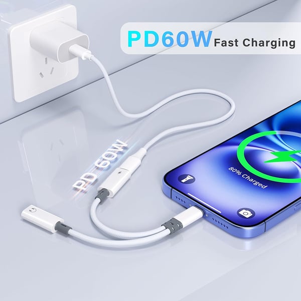2in1 audio- ja lataussovitin, jossa on 1xUSB-C ja 2xUSB-C välillä