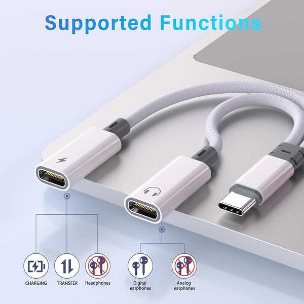 2in1 audio- ja lataussovitin, jossa on 1xUSB-C ja 2xUSB-C välillä