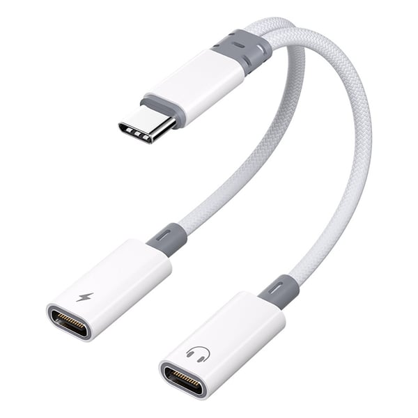 2in1 audio- ja lataussovitin, jossa on 1xUSB-C ja 2xUSB-C välillä