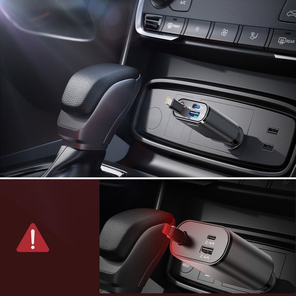 Joyroom 3-i-1-biloplader med 3A USB-C, 2,4A USB og udtrækkeligt USB-C-kabel