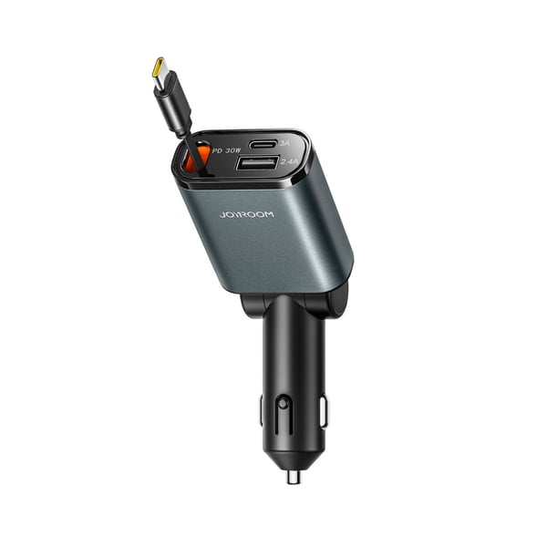 Joyroom 3-i-1-billader med 3A USB-C, 2,4A USB og uttrekkbar USB-C-kabel