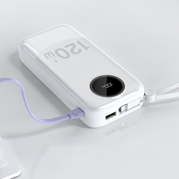 Dudao K13Pro 20000mAh Powerbank med innebygd USB-C + Lightning-kabel - Hvit