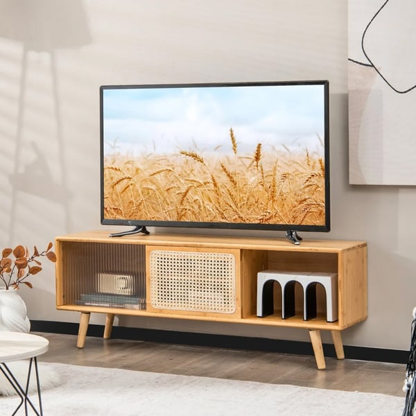 TV-bænk / mediebænk / TV-møbel i bambus / bænk med glasdøre og hylder
