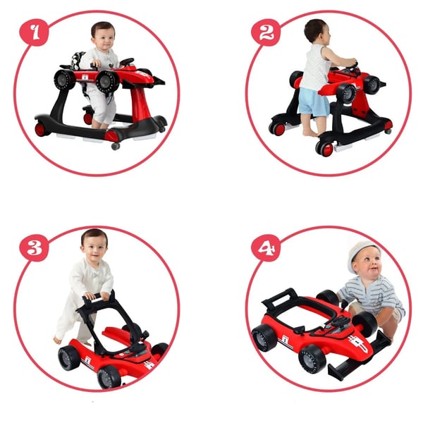 4-i-1 gåstol som racerbil / gåvogn til baby / aktivitetsgåstol med musik og lys / sammenklappelig stol 6-18 måneder