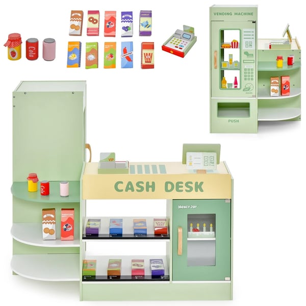 Legetøjsbutik i træ / butikleg til børn / markedsbod / butik med kassedisk / grøn