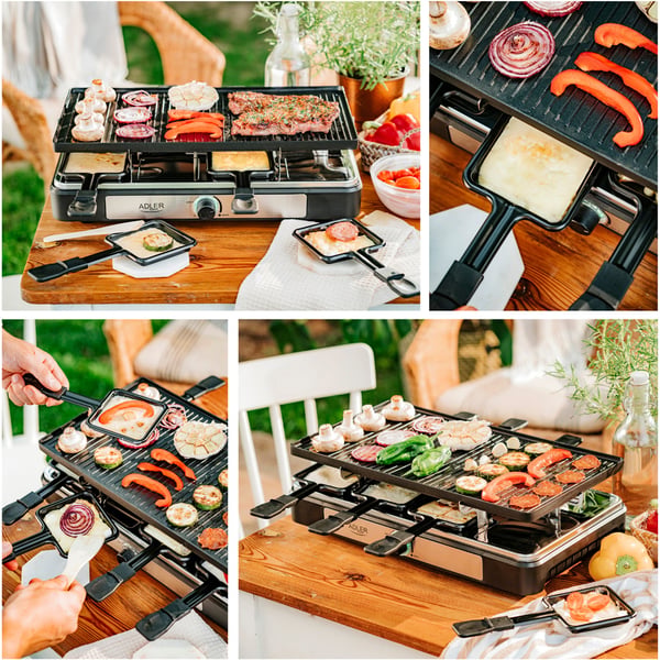 Raclette – elektrisk bordgrill med dobbel grillplate / raclettegrill med 8 panner / bordgrill med raclettefunksjon