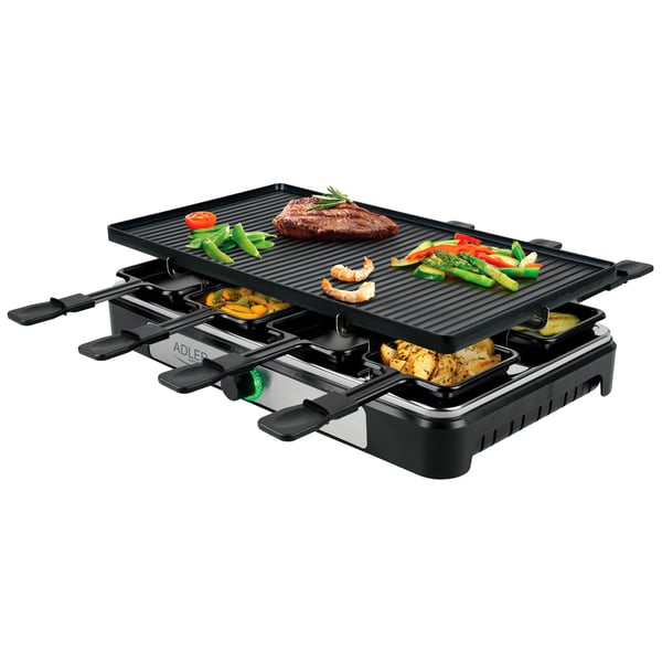 Raclette – elektrisk bordgrill med dobbel grillplate / raclettegrill med 8 panner / bordgrill med raclettefunksjon