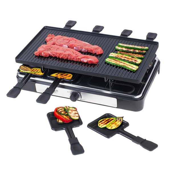 Raclette – elektrisk bordgrill med dobbel grillplate / raclettegrill med 8 panner / bordgrill med raclettefunksjon