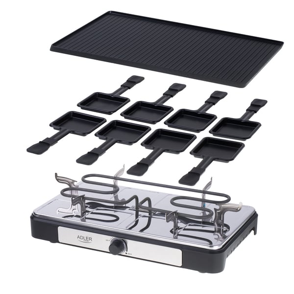 Raclette – elektrisk bordgrill med dobbel grillplate / raclettegrill med 8 panner / bordgrill med raclettefunksjon