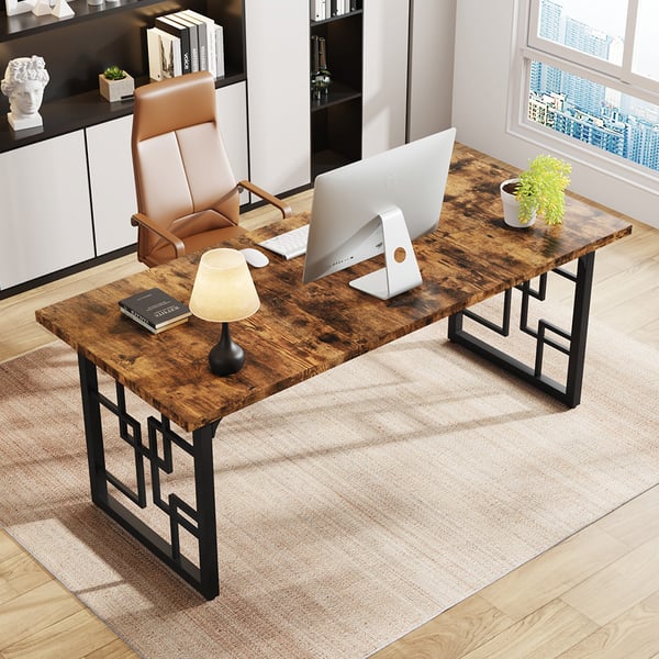 Skrivebord i tre med metallramme / skrivebord i industriell stil for kontor / skrivebord med stor arbeidsflate