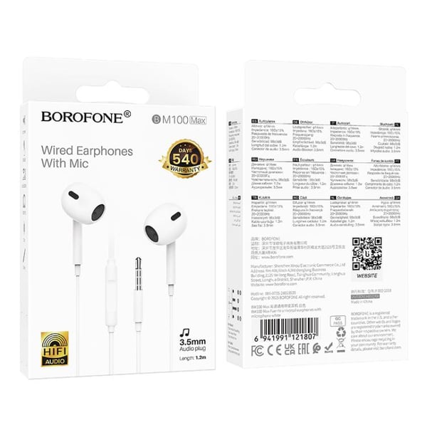 Borofone BM100 In-Ear Headset med 3,5 mm 1,2 m - Hvid