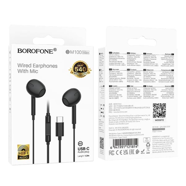 Borofone BM100 In-Ear-kuulokkeet USB-C 1.2m - Musta