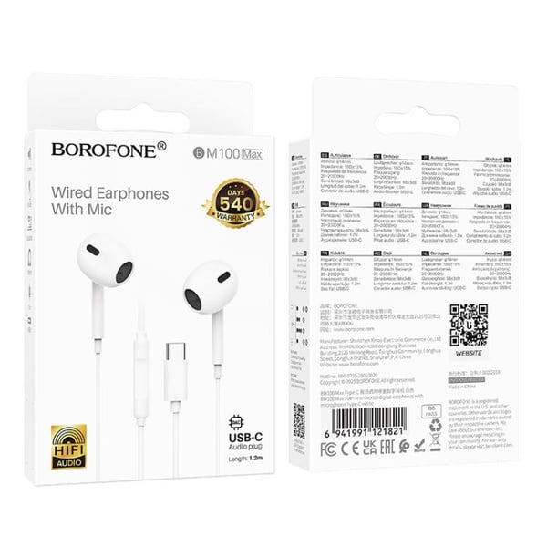 Borofone BM100 In-Ear-kuulokkeet USB-C:llä 1.2m - Valkoinen