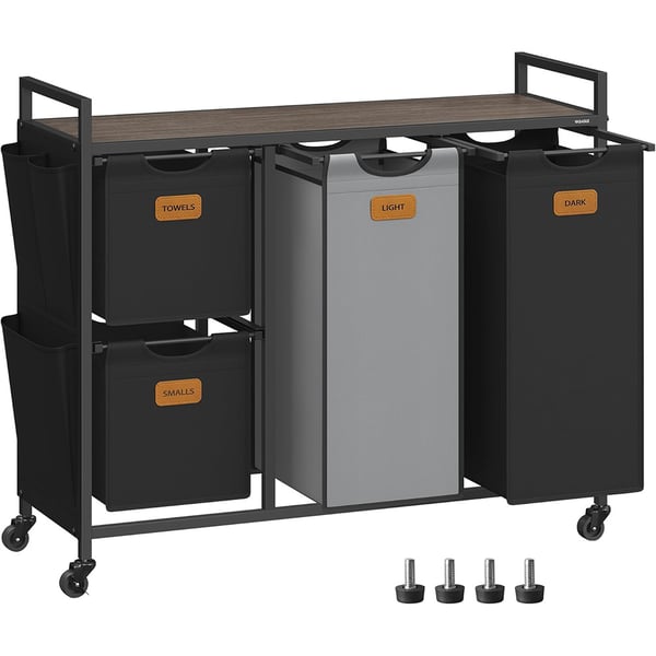 Vasketøjskurvvogn 73 x 33 x 92 cm med fire opbevaringsrum - Sort/Grå