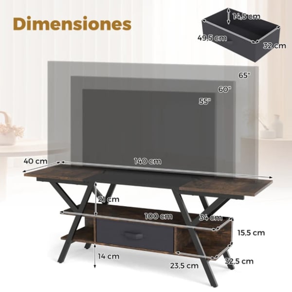 TV-bänk med inbyggd laddstation och LED-belysning - Sort/Brun