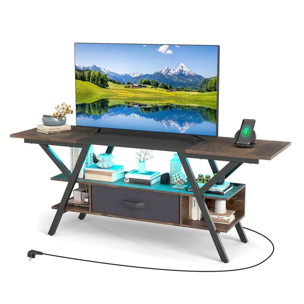 TV-bänk med inbyggd laddstation och LED-belysning - Musta/Brun