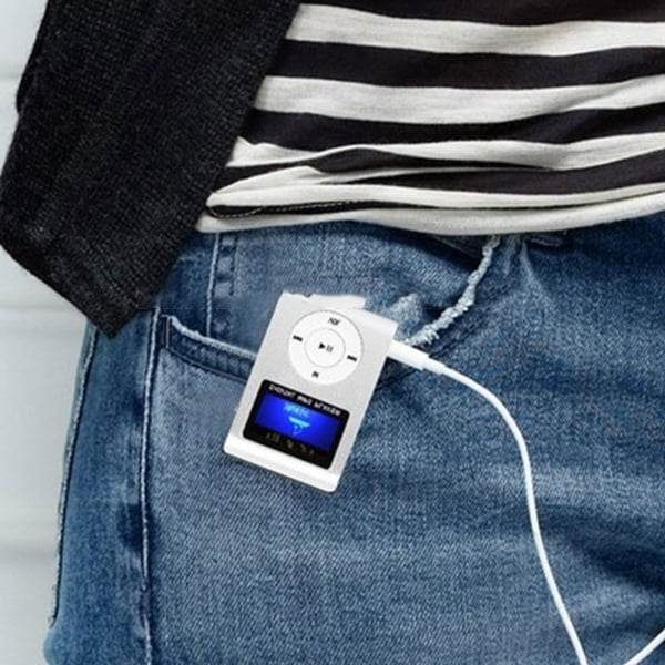 MP3-afspiller med LCD-skærm og MicroSD-læser - kompakt musikafspiller med klips og genopladeligt batteri
