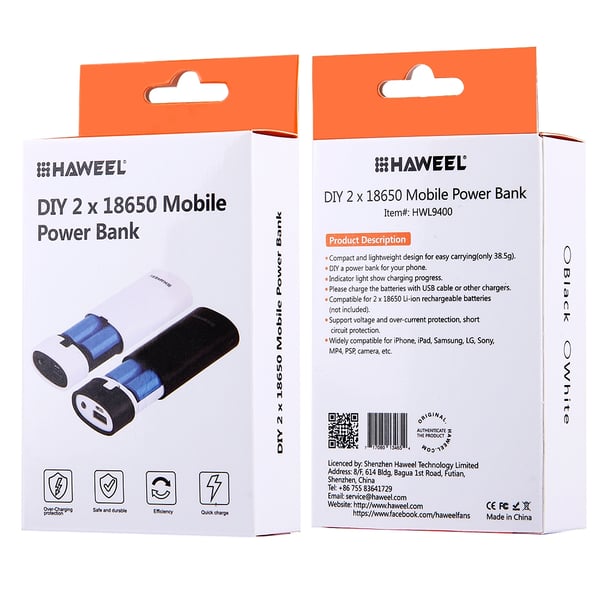 Powerbank-kabinet 5600 mAh til 2×18650-batterier
