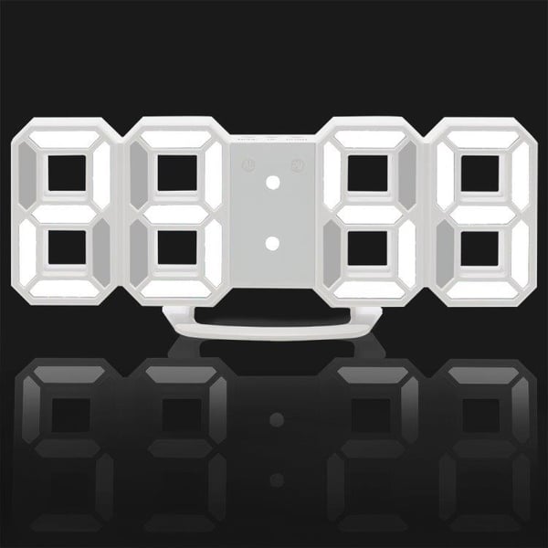 Suuri 3D-digitaalinen seinäkello / herätyskello valkoisella LED-valolla - Monitoiminen