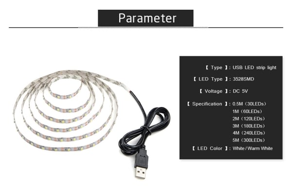 USB-drevet TV-lys 5 meter - varmhvit