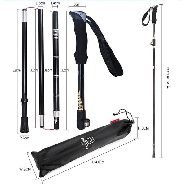 Hopfällbar gångstav / justerbar vandringsstav 106–125 cm / promenadstav i aluminium / teleskopstav