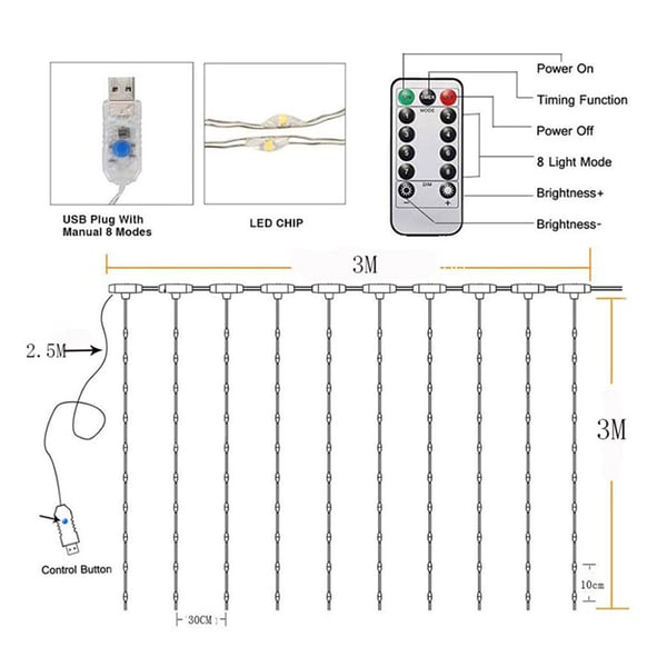 LED-gardin 3 x 3 m / lysgardin / USB-lysgardin / dekorationsbelysning med fjernbetjening