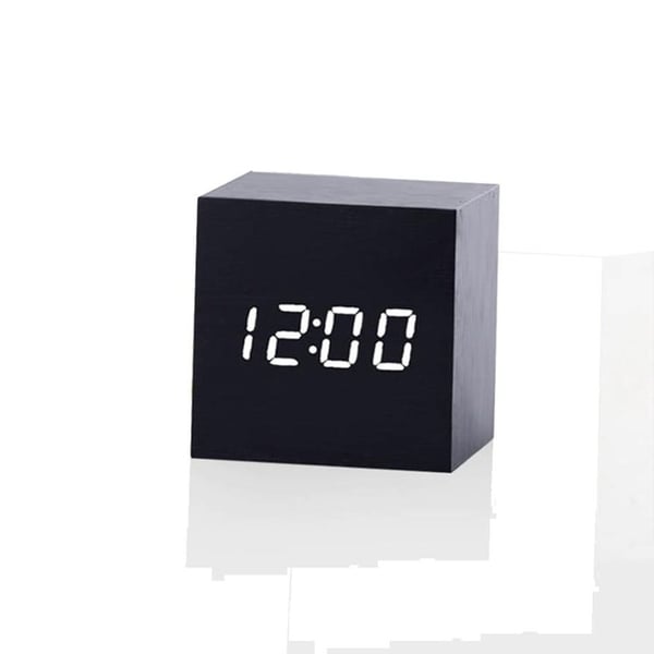 Puinen herätyskello LED-näytöllä - Musta / Valkoinen