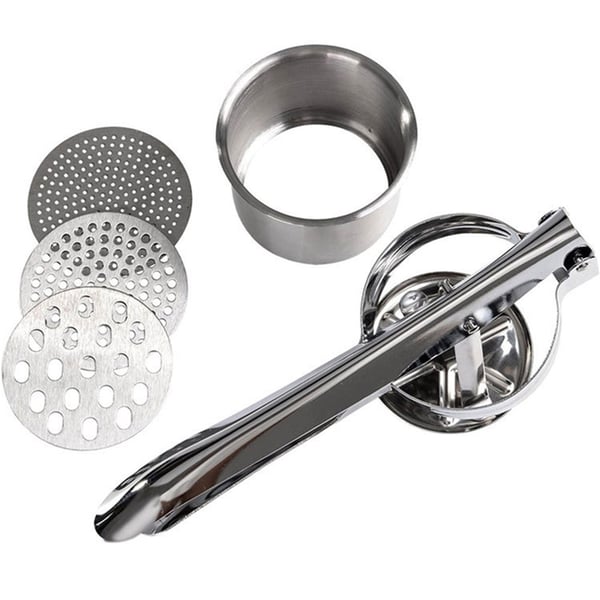 Perunapuristin, jossa on 3 puristuslevyä