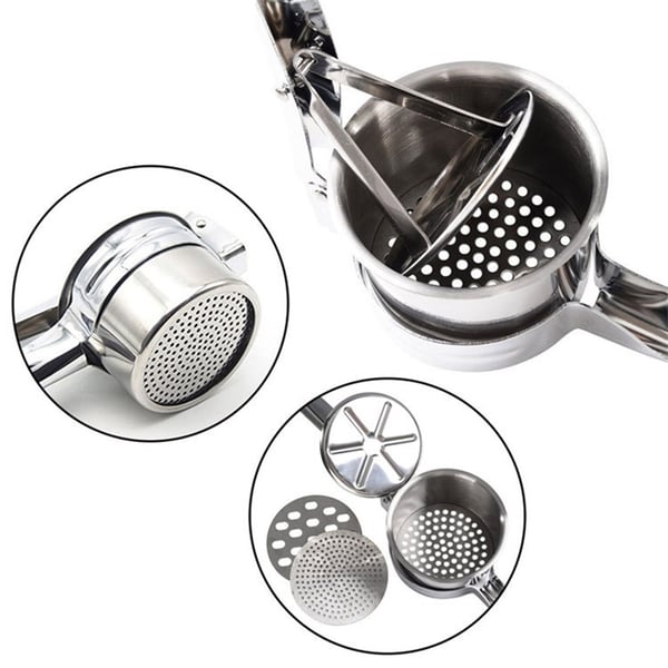 Perunapuristin, jossa on 3 puristuslevyä