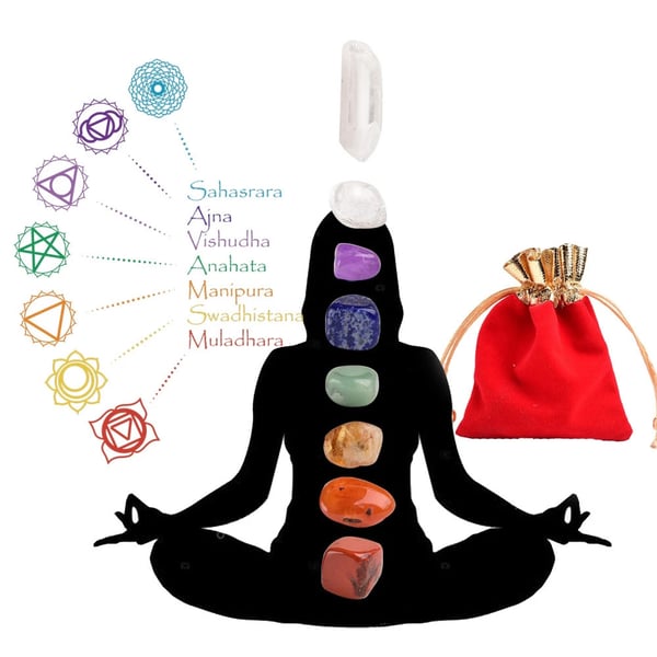 Chakrastensæt / krystalsæt med 7 chakrakrystaller / natursten i stofpose til meditation