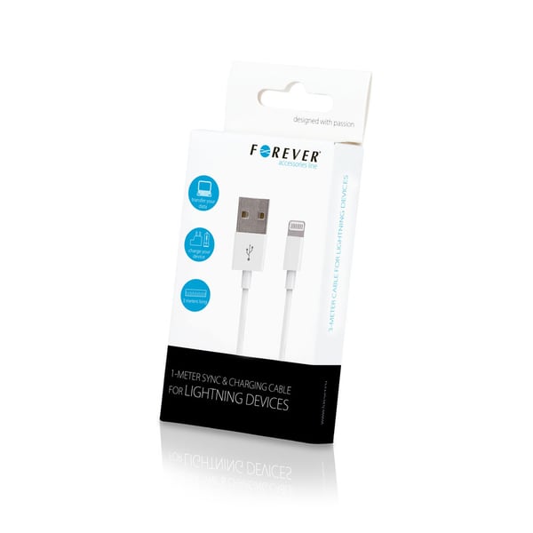 Forever USB til Lightning-kabel 3 m - hvid iPhone-kabel til opladning og dataoverførsel