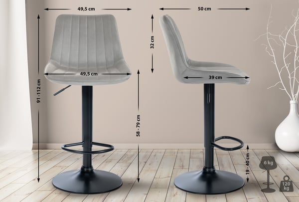 Barstol Toni Velvet | Höjdjusterbar bänkpall med ryggstöd | Barstol med metallram