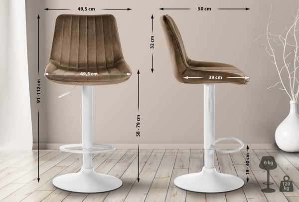 Barstol Toni Velvet | Höjdjusterbar bänkpall med ryggstöd | Barstol med metallram