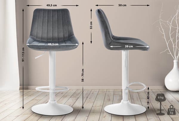 Barstol Toni Velvet | Höjdjusterbar bänkpall med ryggstöd | Barstol med metallram