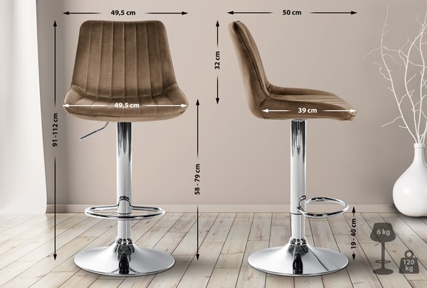 Barstol Toni Velvet | Höjdjusterbar bänkpall med ryggstöd | Barstol med metallram