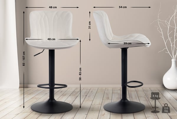 2 stk. Barstole Linus - Højdejusterbare barstole - 360° Drehstole med rygstøtte til køkken og bistro