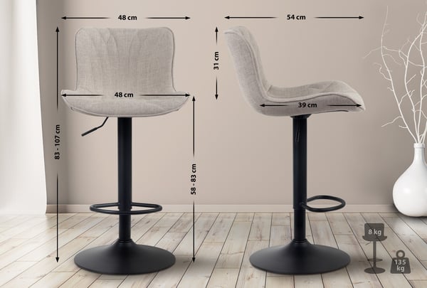 2 stk. Barstole Linus - Højdejusterbare barstole - 360° Drehstole med rygstøtte til køkken og bistro