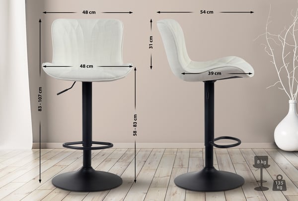 2 stk. Barstole Linus - Højdejusterbare barstole - 360° Drehstole med rygstøtte til køkken og bistro