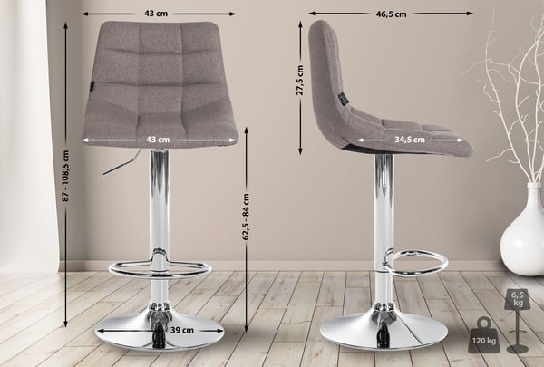 Barstol Jerry Tyg I Höj- och sänkbar Barstol I 360° Snurrstol Med Ryggstöd För Kök Och Vardagsrum