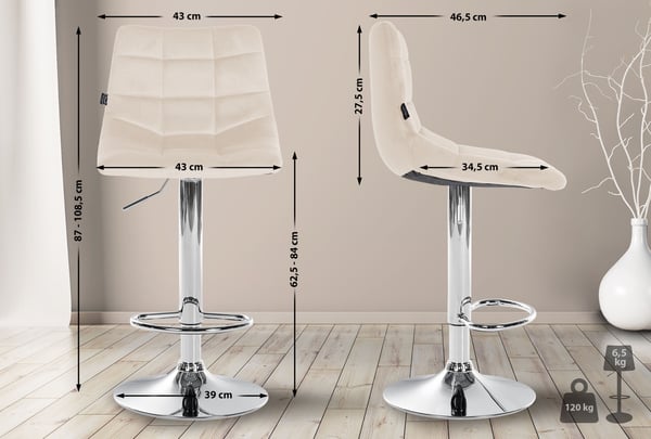 Barstol Jerry Velvet I Højdejusterbar barstol I 360° drejestol med ryglæn til køkken og bistro