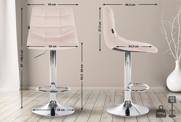 Barstol Jerry Velvet I Højdejusterbar barstol I 360° drejestol med ryglæn til køkken og bistro