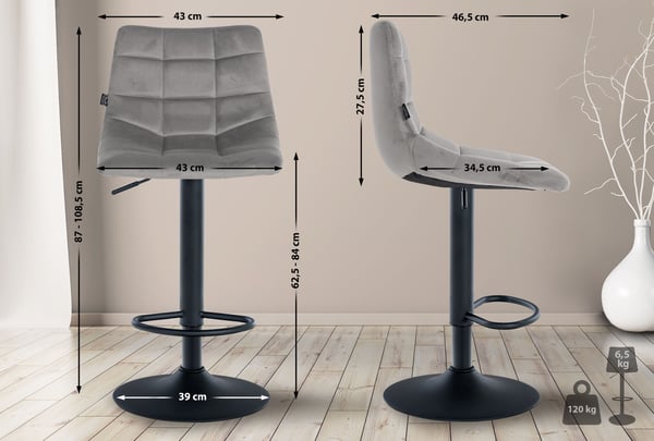 Barstol Jerry Velvet I Højdejusterbar barstol I 360° drejestol med ryglæn til køkken og bistro