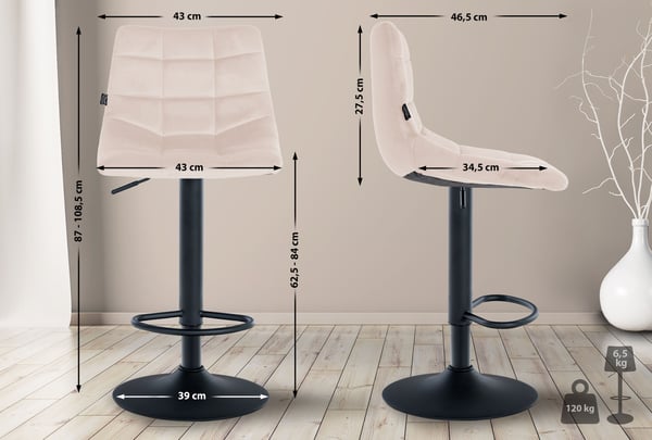 Barstol Jerry Velvet I Højdejusterbar barstol I 360° drejestol med ryglæn til køkken og bistro