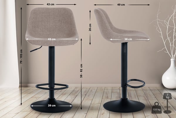 2 baarijakkaroiden Loft I, jossa on 2 vastapuolen jakkaraa I tuolit selkänojalla, 360° astetta käännettävissä ja korkeussäädettävä I keittiöön ja laskuriin