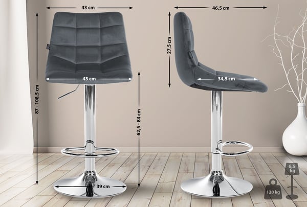 Sæt med 2 barstole Jerry Velvet I Højdejusterbar barstol I 360° drejestol med ryglæn I Skammel med fodstøtte